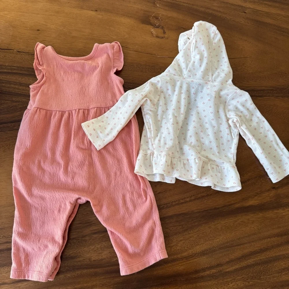 Carter’s Cotton Pink Ruffled Jumpsuit and White Floral Hoodie Set 9M